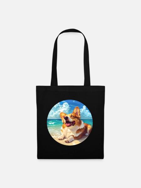 Corgi Strandseite Freude Illustration - Stoffbeutel - Schwarz