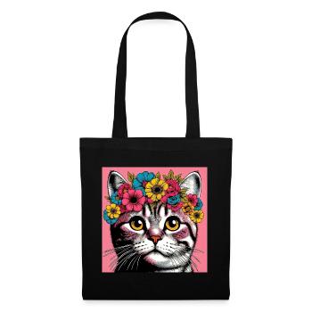 Katze mit Blumen - Stoffbeutel - Schwarz - Vorne