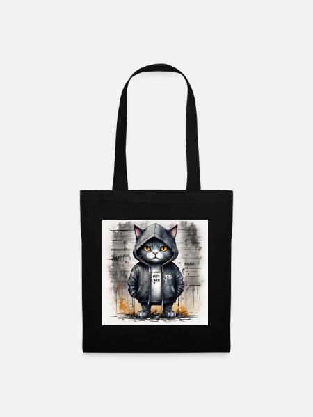 Graffiti-Katze im Hoodie - Stoffbeutel - Schwarz