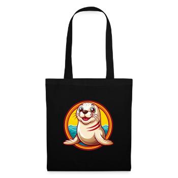 Robbe Niedlich Lustig Kawaii Cartoon Clipart Tier Haustier - Stoffbeutel - Schwarz - Vorne