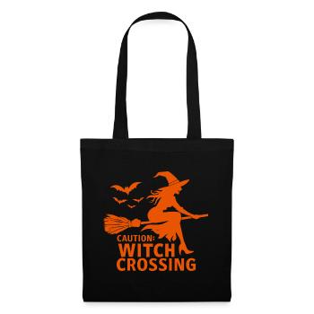 Halloween Hexe Hexenbesen Caution Witch Crossing - Stoffbeutel - Schwarz - Vorne