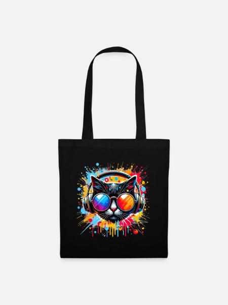 DJ Cat - Disco & Party Cat - with splashes of color - Tote Bag - black