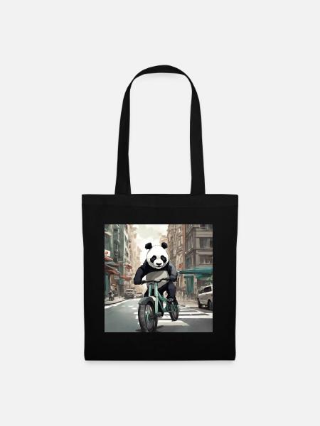 Panda auf dem Fahrrad in der Stadt - Stoffbeutel - Schwarz