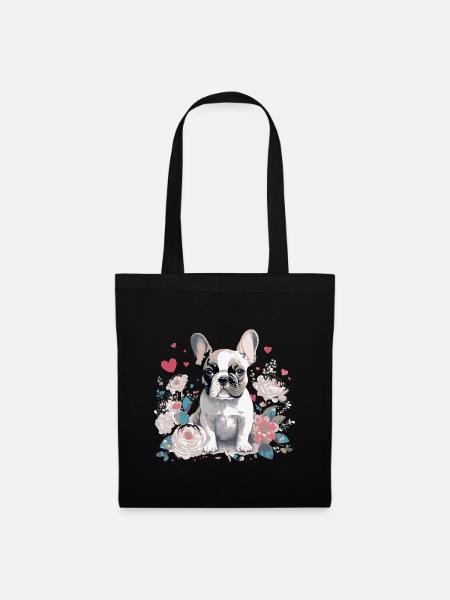 Charmanter French Bulldog mit Blumenarrangement - Stoffbeutel - Schwarz