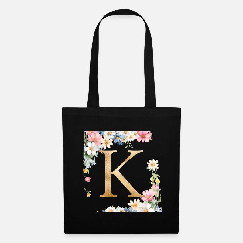 K Monogramm, Floral, personalisierbar - Stoffbeutel - Schwarz