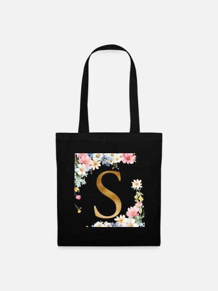 S Monogramm, Floral, personalisierbar - Stoffbeutel - Schwarz