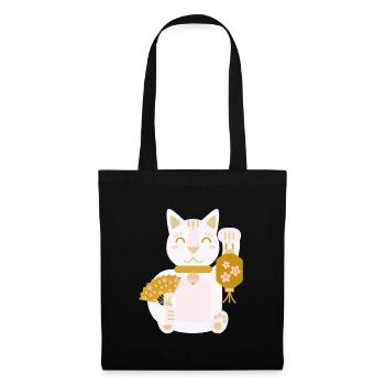 Maneki Neko L Chat porte-bonheur avec éventail et lanterne - Sac en tissu - noir - Devant