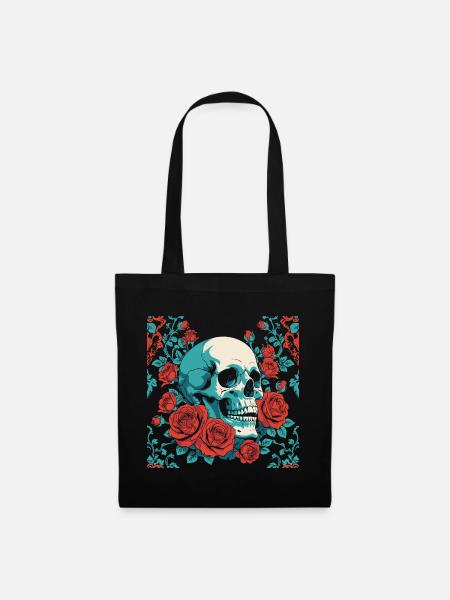 Retro Totenkopf mit roten Rosen Design - Stoffbeutel - Schwarz