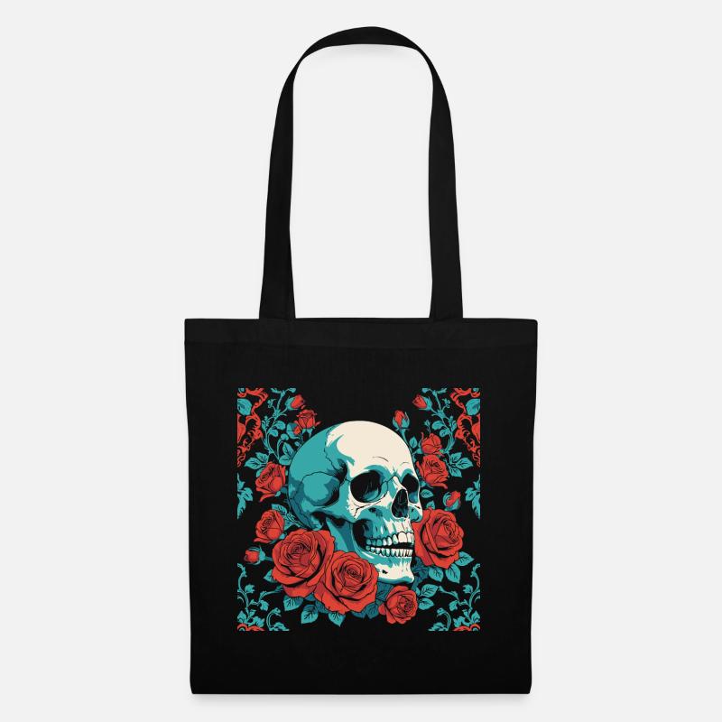 Retro Totenkopf mit roten Rosen Design - Stoffbeutel - Schwarz
