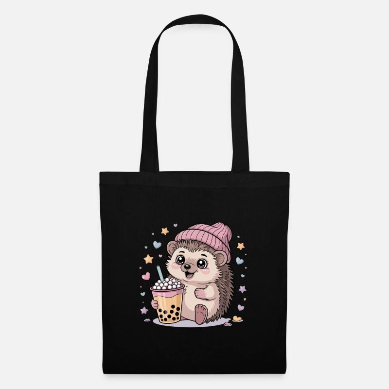 Kawaii Igel: Süßer Bubble Tea Fan - Stoffbeutel - Schwarz