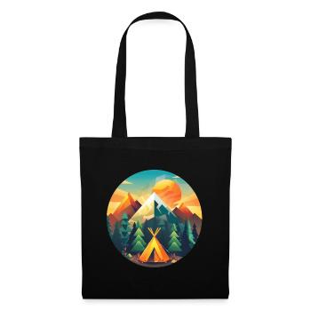 Camping Design Modern Retro – Low Poly Zelt & Berg - Stoffbeutel - Schwarz - Vorne