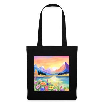 Sonnenuntergang über den Bergen, dem See und den Blumen - Stoffbeutel - Schwarz - Vorne