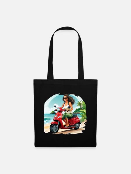 Frau mit rotem Roller am Strand - Stoffbeutel - Schwarz