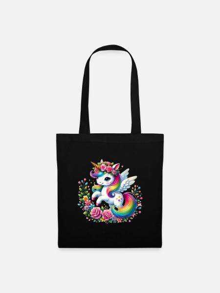 Regenbogen Fleur Einhorn - Stoffbeutel - Schwarz