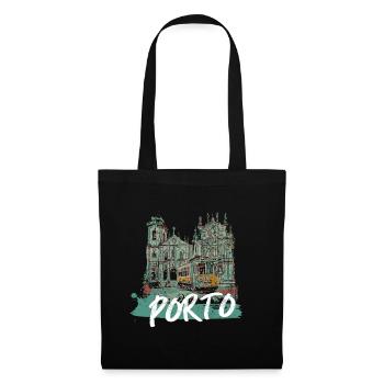 Porto historisches Zentrum Straßenbahn Illustration - Stoffbeutel - Schwarz - Vorne