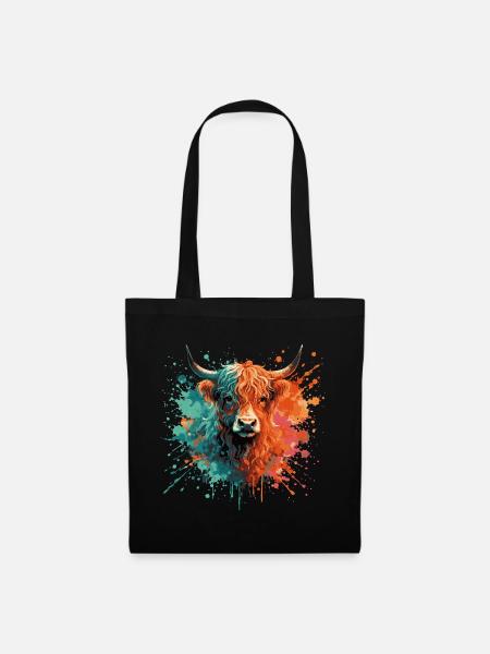 Highland Cattle Watercolor Painting – Color Splash Animal Art - Tote Bag - black