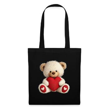 Niedlicher Häkel Teddybär Mit Rotem Herz - Stoffbeutel - Schwarz - Vorne