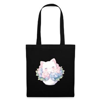 Cute White Cat in Hydrangeas – Kawaii Design - Tote Bag - black - Front