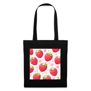 Kawaii Erdbeer-Polka-Punkt-Muster Pink - Stoffbeutel - Schwarz - Vorne