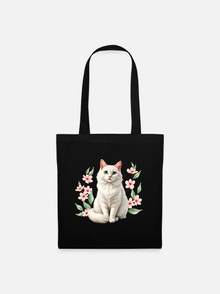Elegante Perserkatze mit Kirschblüten - Stoffbeutel - Schwarz