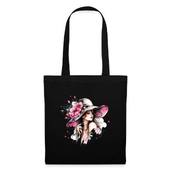 Femme de la mode avec chapeau fleuri - Sac en tissu - noir - Devant