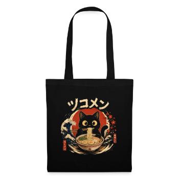 Kawaii Chat Mangeant des Nouilles Ramen drôle  - Sac en tissu - noir - Devant