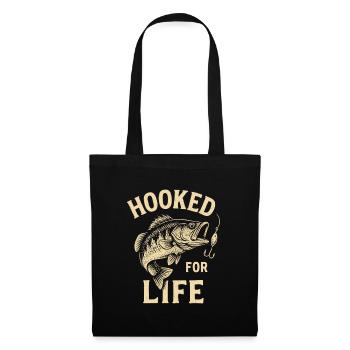 Angler T-Shirt Hooked for Life – Fisch am Haken - Stoffbeutel - Schwarz - Vorne