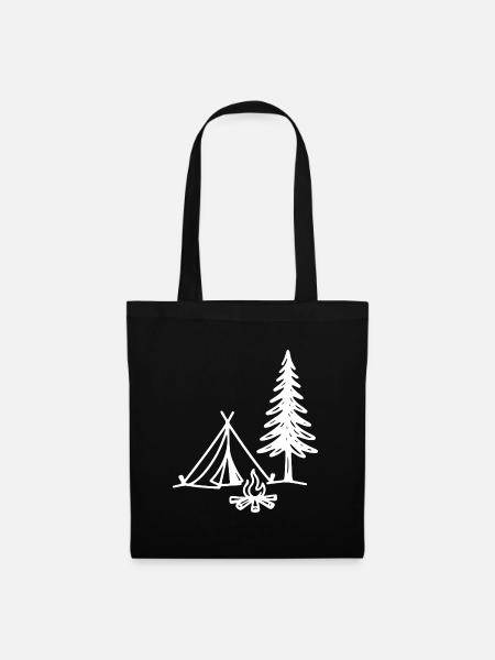 Camping Zelt mit Lagerfeuer und Tannenbaum Outdoor - Stoffbeutel - Schwarz