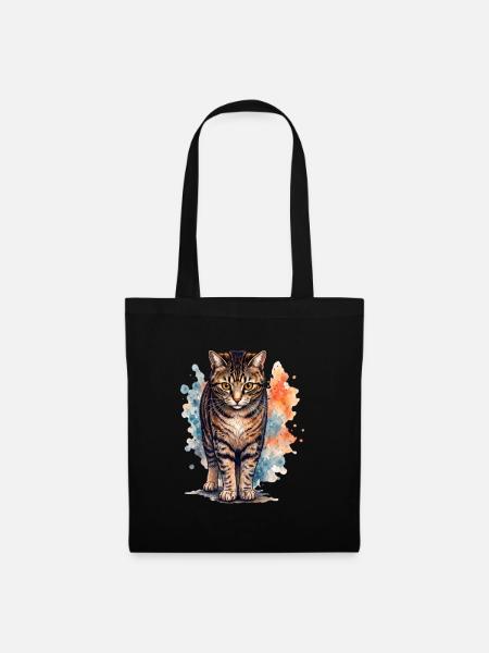 Getigerte Katze im farbenfrohen Aquarellstil - Stoffbeutel - Schwarz