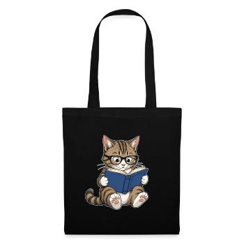 Lesende Katze mit Brille – Bücherwurm - Stoffbeutel - Schwarz - Vorne