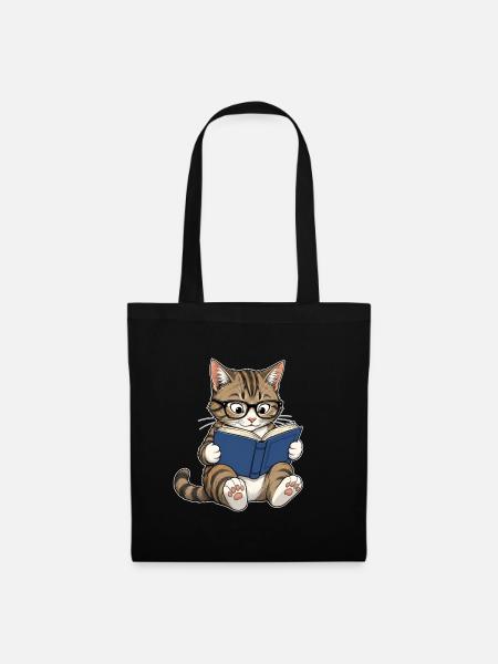 Lesende Katze mit Brille – Bücherwurm - Stoffbeutel - Schwarz