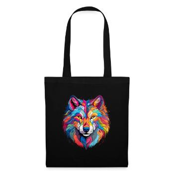 Bunter Wolf – farbiges Tiermotiv - Stoffbeutel - Schwarz - Vorne