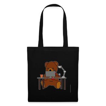 Niedlicher Teddybär am Schreibtisch im Büro - Stoffbeutel - Schwarz - Vorne