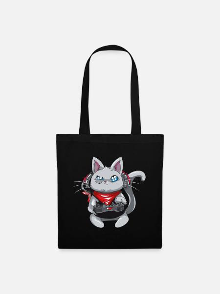 Katze mit Kopfhörern - spielende Katze - Gamer Katze - Stoffbeutel - Schwarz