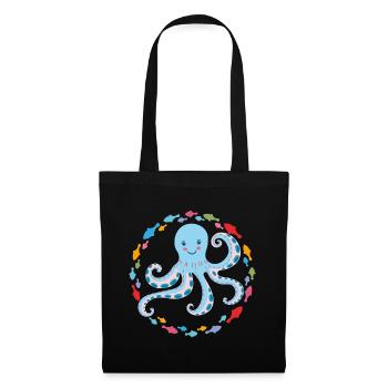 Pieuvre joyeuse avec de petits poissons colorés - Sac en tissu - noir - Devant