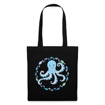 Pieuvre joyeuse et drôle avec des poissons colorés - Sac en tissu - noir - Devant