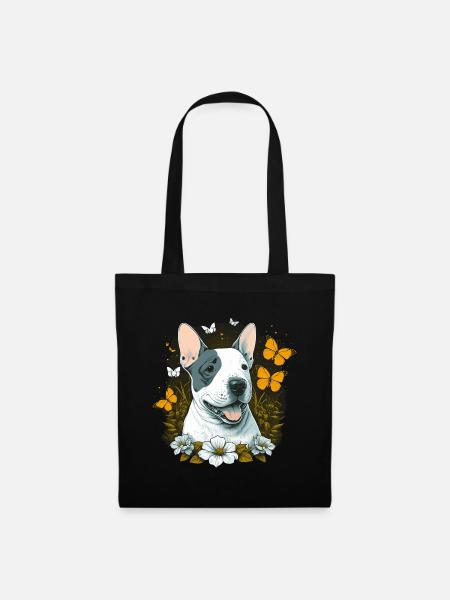 Fröhlicher Bullterrier mit Blumen - Stoffbeutel - Schwarz