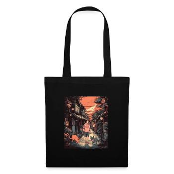 Lofi Japan Street Design with Girl and Cat - Cozy - Tote Bag - black - Front