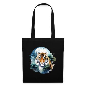 Tiger Raubkatze Natur Wald Mond Nacht Aquarell - Stoffbeutel - Schwarz - Vorne
