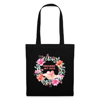 Hebamme mit Herz Blumenkranz - Stoffbeutel - Schwarz - Vorne