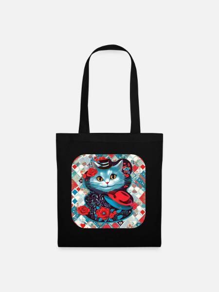 Niedliche Katze mit Hut und Rosen - Stoffbeutel - Schwarz