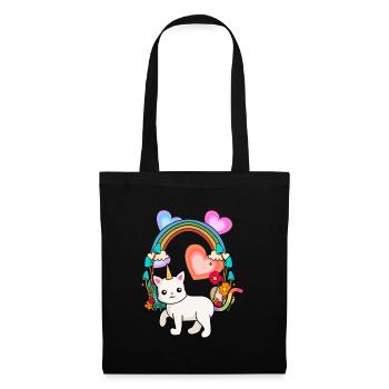 Regenbogen Einhorn Katze Blumen Frühling Sommer - Stoffbeutel - Schwarz - Vorne