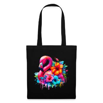 Flamingo verziert mit Hibiskusblüten - Stoffbeutel - Schwarz - Vorne