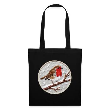 Robin brodé sur une brindille (imprimé) - Sac en tissu - noir - Devant
