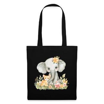 Cute Cat And Elephant Friends - Stoffbeutel - Schwarz - Vorne