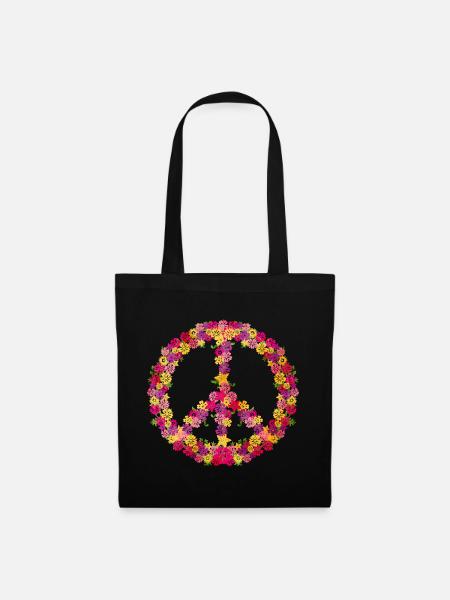 Flower-Power Friedenssymbol Retro-Vibes - Stoffbeutel - Schwarz
