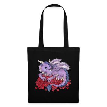 Niedlicher Drache mit Schatz aus Herzen Valentin - Stoffbeutel - Schwarz - Vorne