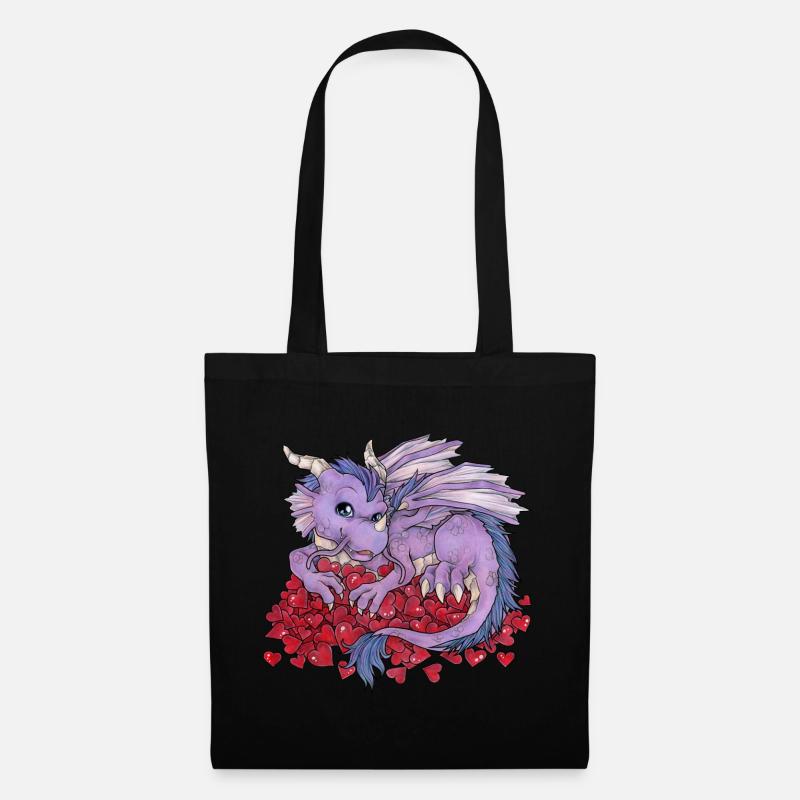 Niedlicher Drache mit Schatz aus Herzen Valentin - Stoffbeutel - Schwarz