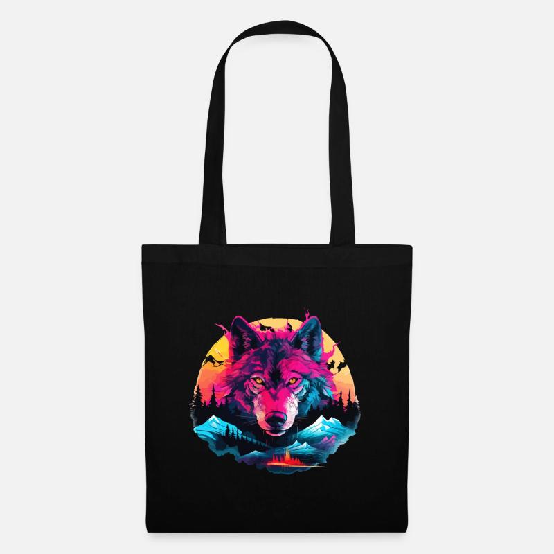 Wolf Wolfskopf Wölfe Wolfsrudel Natur Neon Bunt - Stoffbeutel - Schwarz