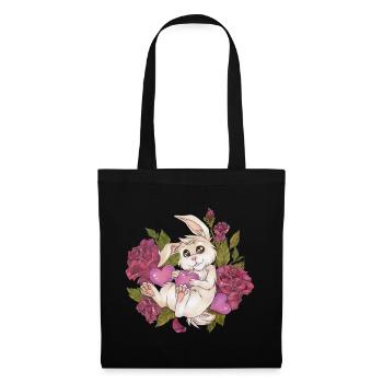Niedlicher Hase Kaninchen mit Rosen Liebe Herz - Stoffbeutel - Schwarz - Vorne